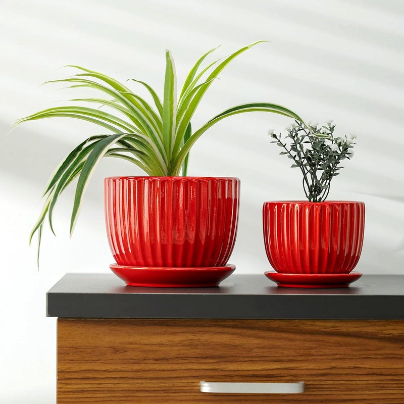 Ton Sin Ceramic Plant Pots - 4/5/6 Inch Red Planters Set of 3 with Drainage Holes and Saucer - Indoor Flower Pots for Plants Ceramic Planters for Indoor Gardening Succulent Pots - Image 5